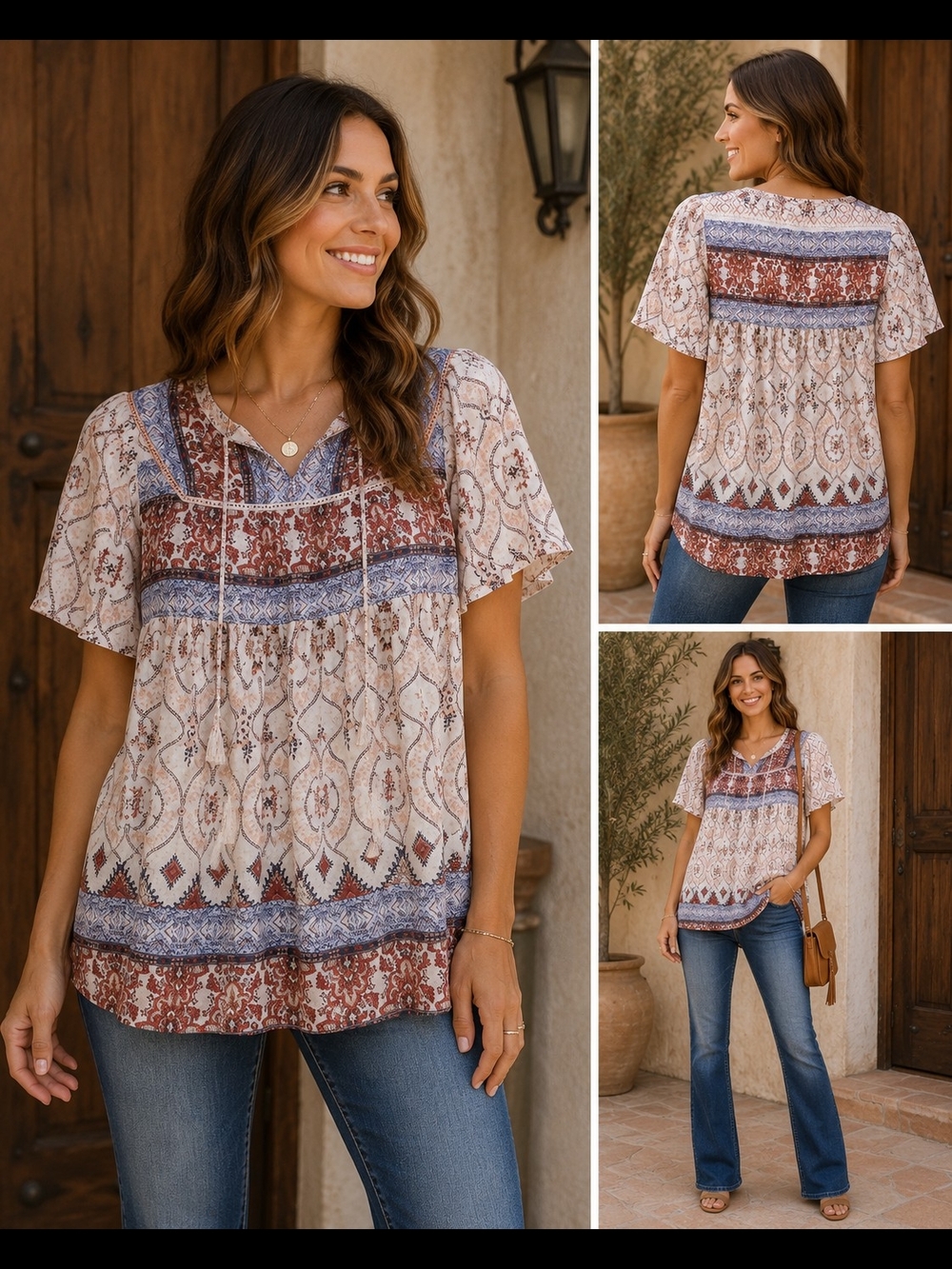 Boho Short Sleeve Peasant Blouse - Cream with Blue & Rust